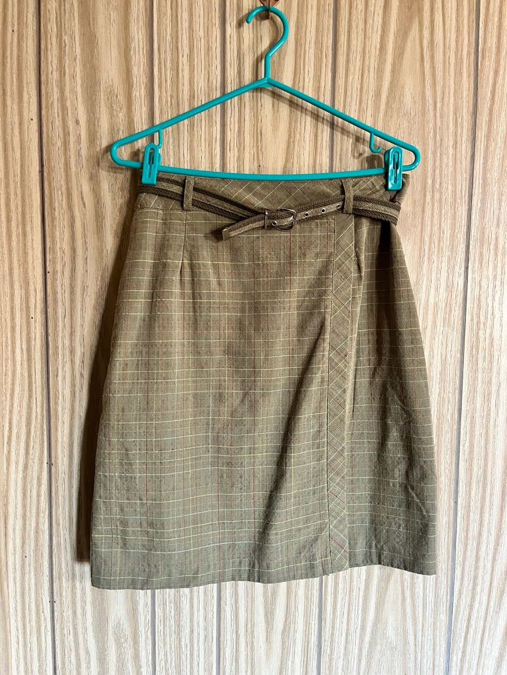 VTG Nathalie B Plaid Faux Wrap Pencil Skirt Belt Size 13 14 Made in Canada